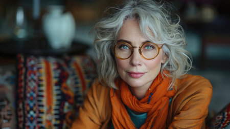 Portrait of a mature woman with gray hair and glasses. Indoor lifestyle photography. Confidence and elegance concept. Design for fashion magazine, lifestyle blog, personal branding.の素材