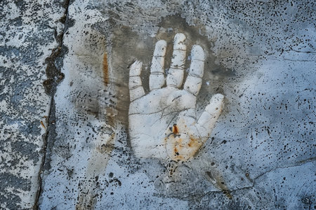 Handprint on textured concrete wall. Urban street art and vandalism concept for design and print. Grunge style photography with space for textの素材