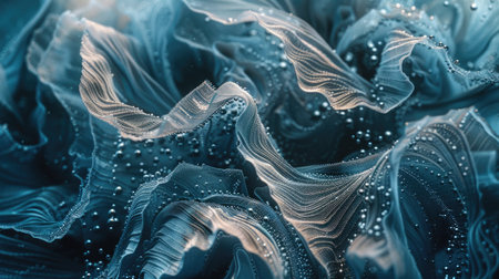 Abstract blue satin fabric with water droplets. Macro shot of liquid on textured cloth for design and print. Modern background and texture conceptの素材
