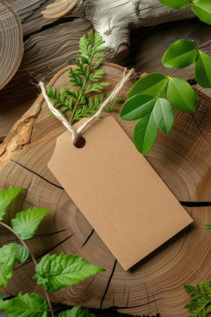 A natural brown paper tag tied with twine on a wooden cut, emphasizing eco-conscious branding and organic materialsの素材