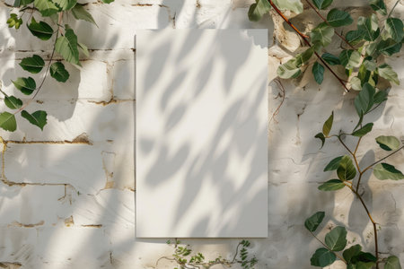 A mockup of a blank poster against an ivy-covered brick wall, ideal for showcasing art or advertising in a natural, urban settingの素材