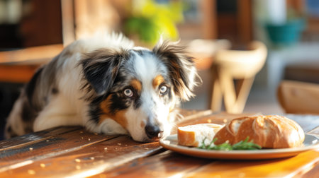 Australian Shepherd dog eyeing food on table. Pet behavior and domestic animals conceptの素材