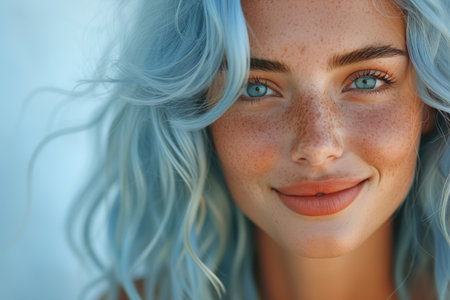 A woman with whimsical blue hair and a joyous smile, freckles dusting her face, exudes a playful and vibrant auraの素材