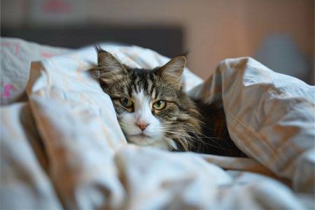 Cat peeking out from under the duvet. Home and comfort concept with pet for design and print. Close-up pet portrait with space for textの素材