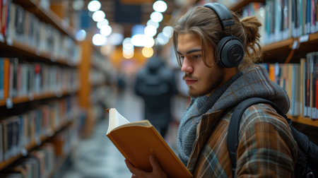 Focused male student reading a book with headphones in a library. Lifelong learning and education concept. Design for educational content, study resourcesの素材