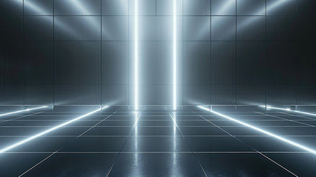 Futuristic corridor with glowing neon lights. 3D rendering of sci-fi architecture. Concept art for game and movie design. Wide angle shot with perspectiveの素材