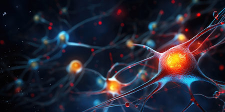 A detailed digital illustration of neural synapses in vibrant colors highlighting neural activityの素材
