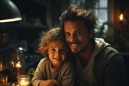 Father and child enjoying a cozy moment under warm light. Indoor family portrait with soft lighting for lifestyle and relationship themesの素材
