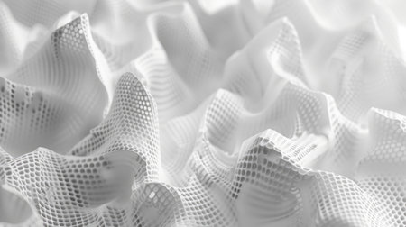 White 3D mesh texture abstract background. Design concept with detailed mesh pattern and depth. Macro shot for technology and futuristic themesの素材
