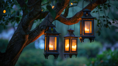 Twilight ambiance with three vintage candle lanterns hanging from a tree branch, emitting a warm, inviting glow amidst the tranquil greenery of a dusk settingの素材