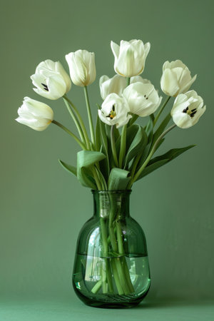 A serene composition of white tulips with delicate petals and vibrant green leaves, presented in a transparent green glass vase against a muted green backgroundの素材