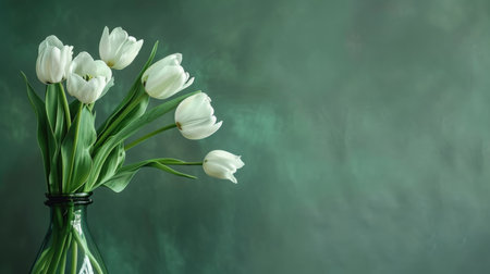 A serene bouquet of white tulips stands gracefully in a transparent green vase, highlighting the flowers' elegance against a soft green backdropの素材