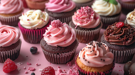 A decadent collection of cupcakes topped with luscious icing and garnishes, showcasing a variety of flavors and textures on a pink backdropの素材
