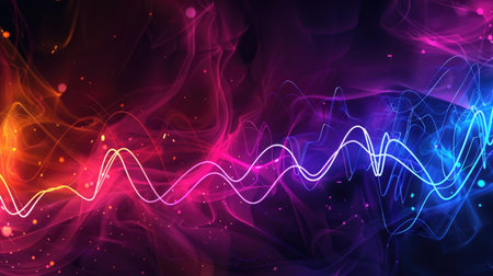 Abstract colorful light waves on dark background. Digital art wallpaper with vibrant neon colors. Concept of energy, flow, and movement. Design for background, wallpaper, and creative projectsの素材