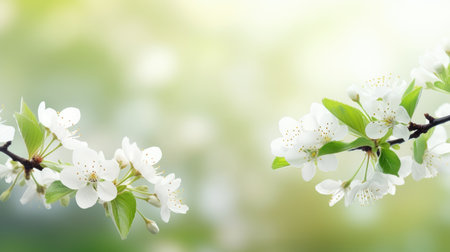 Blooming cherry blossoms on a branch with soft green background. Springtime nature concept. Design for greeting card, invitation, and spring season promotion. Macro shot with copy spaceの素材