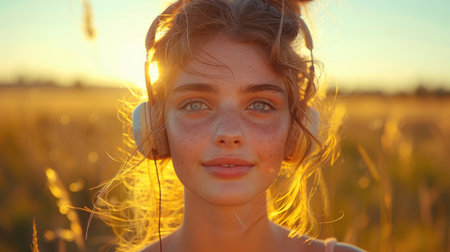 A young woman with freckles gazes forward, her hair illuminated by the golden warmth of the setting sun in a serene fieldの素材