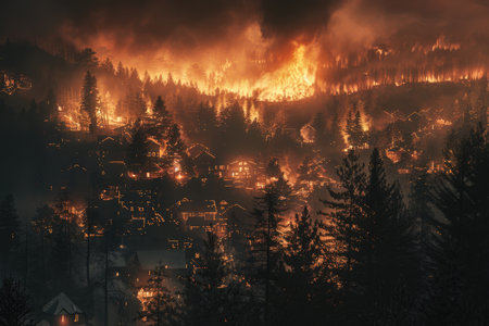 A catastrophic wildfire blazes through a mountain town at night, illuminating homes in a dire spectacle of nature's furyの素材