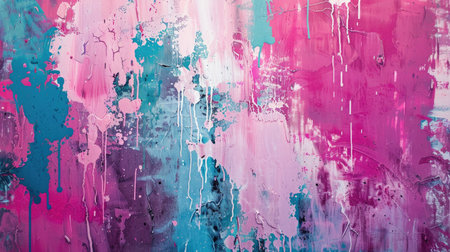 Abstract textured background with pink and blue paint splashes. Modern art painting for creative graphic design. Design for poster, cover, or interior decorationの素材