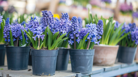 Potted blue Hyacinth flowers on a shelf for sale. Close-up shot with blurred background. Spring gardening and home decoration concept. Design for banner, greeting card, posterの素材