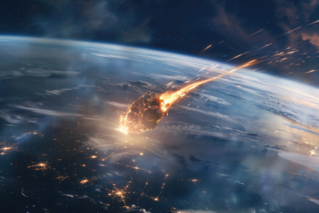 Meteorite entering Earth's atmosphere, space disaster concept. 3D illustration for scientific, cosmic, and astronomical designsの素材