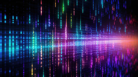 Abstract digital wave with multicolored lights. Data visualization concept. Technology and digital art theme for design and printの素材