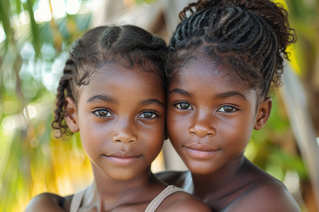 Two young African sisters with braided hair embracing. Outdoor natural light portrait with palm leaves background. Family and childhood concept. Design for poster, bannerの素材