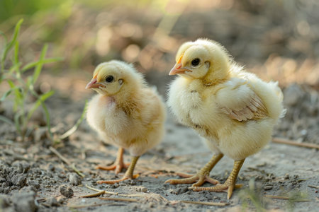 Row of Cute Chicks Standing in Warm Sunlight on Farmの素材