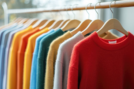 Colorful assortment of sweaters on wooden hangers against a blurred background. Fashion and retail concept, design for textile and interiorの素材