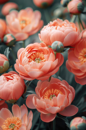 Macro shot of orange ranunculus flowers with soft focus. Floral design concept with copy space. Design for wallpaper, textile, greeting cardの素材