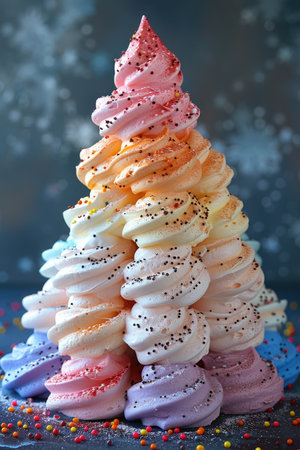 Multicolored soft serve ice cream tower with sprinkles. Studio food photography with bokeh background. Dessert and sweets concept for design and print. Macro shot with copy spaceの素材