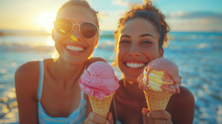 Two women holding ice cream cones at the beach during sunset. Summer leisure and dessert concept. Design for travel advertising, postcard, posterの素材