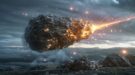 Fiery meteorite descending through a dramatic sky over mountainous landscape. Disaster and apocalypse concept. CG artwork for creative designの素材