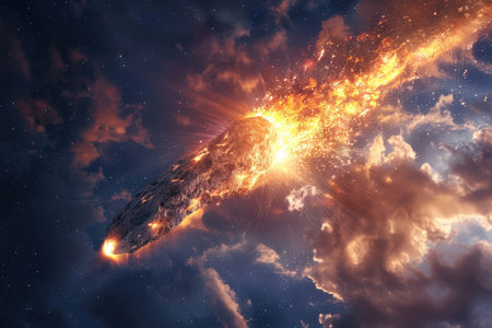 Illustration of a meteor shower with explosion effect in space. Sci-fi concept art with vibrant colors for poster and background designの素材