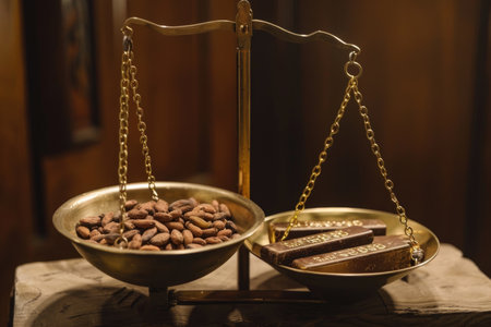 Cocoa beans on a brass scale with a gold bar. Studio photography. The concept of rising prices for cocoa beans. Commodity trading and wealth concept for design and printの素材