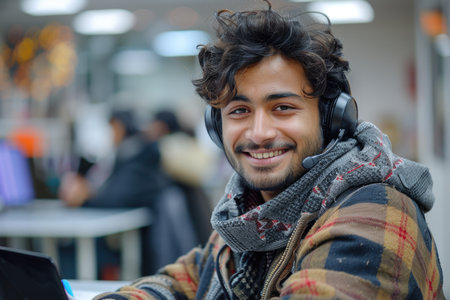 Man with headphones in urban setting. Casual fashion and technology concept. Design for music-related advertising, banner, urban lifestyle editorialの素材
