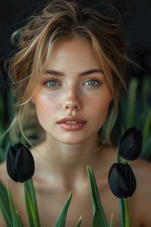 Woman with freckles holding black tulips. Close-up beauty portrait with floral elements. Springtime and beauty conceptの素材