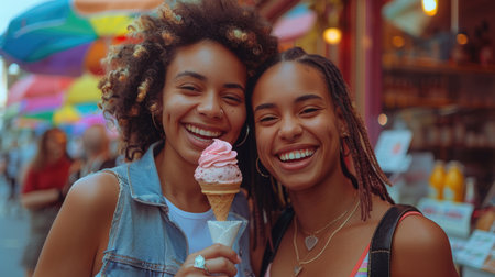 Two smiling young women with ice cream. Candid street portrait with colorful umbrellas background. Friendship and summer treat concept. Lifestyle image for social media and marketingの素材