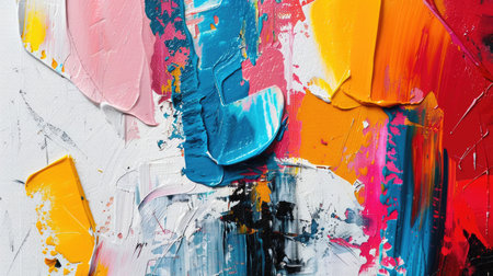 Abstract acrylic paint strokes and splatters on canvas. Contemporary art for design and decoration. Modern abstract art and creativity concept.の素材
