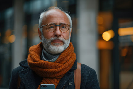 Senior man with orange scarf holding smartphone on city street. Outdoor portrait with blurred background. Urban lifestyle and modern technology concept for design and advertisementの素材