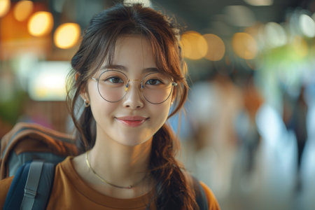 Young Asian woman with glasses smiling in an urban cafe. Contemporary lifestyle portrait with blurred background for social media and advertising designの素材