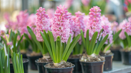 Pink hyacinth flowers in pots. Selective focus floral nursery image. Springtime gardening concept for design and printの素材