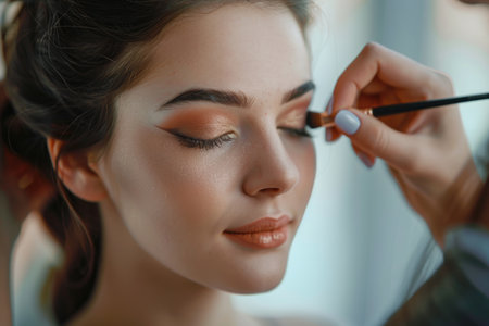 Professional makeup artist applying eyeshadow on a young woman. Close-up of makeup application in a beauty salon. Design for beauty tutorial or cosmetic product promotionの素材