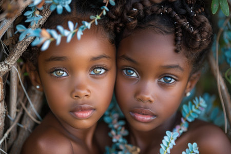 Close-up portrait of two young girls with floral headbands. High-detail photography showcasing emotion and beauty with natural elements. Cultural diversity and childhood conceptの素材