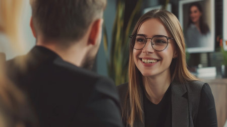Smiling young woman with glasses talking to a man in an office setting. Professional business meeting concept. Design for corporate, banner, recruitment with copy spaceの素材