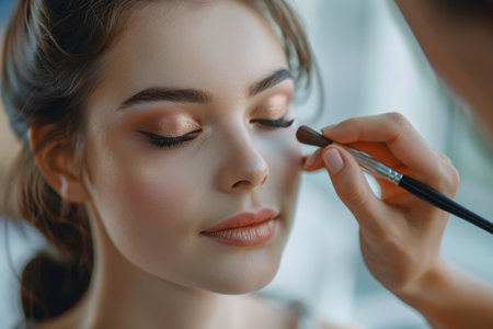 Professional makeup artist applying eyeshadow on a young woman. Close-up of makeup application in a beauty salon. Design for beauty tutorial or cosmetic product promotionの素材