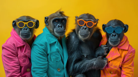 Creative animal concept. Colorful Dressed Chimpanzees with Sunglasses Against Yellow Backgroundの素材