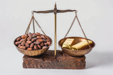 Wooden pedestals with raw cocoa beans and gold bars isolated on white background. Studio still life photography. The concept of rising prices for cocoa beansの素材