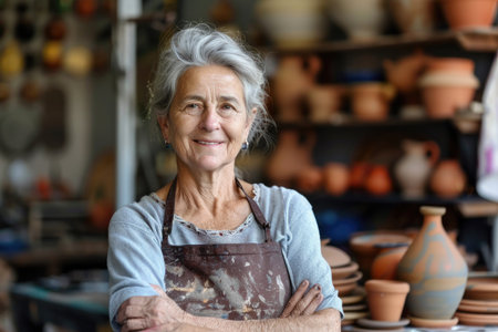Senior female potter in apron in her workshop. Artisan craft and small business owner concept for poster and website designの素材
