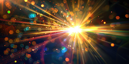 Abstract light explosion with colorful bokeh and glitter. Concept of celebration and festive background for design and printの素材