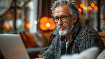 Elderly man with beard and glasses using laptop in a cozy cafe setting. Casual portrait with bokeh background. Modern technology and senior lifestyle concept for design and advertisementの素材